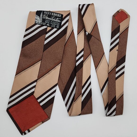 1970s Necktie Belvedere Wiener Creation Stripe Brown White Austria 4" W 52.5" L - Picture 4 of 5